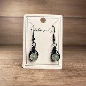 8mm Green Fluorite Wire Wrapped Earrings Black Wire